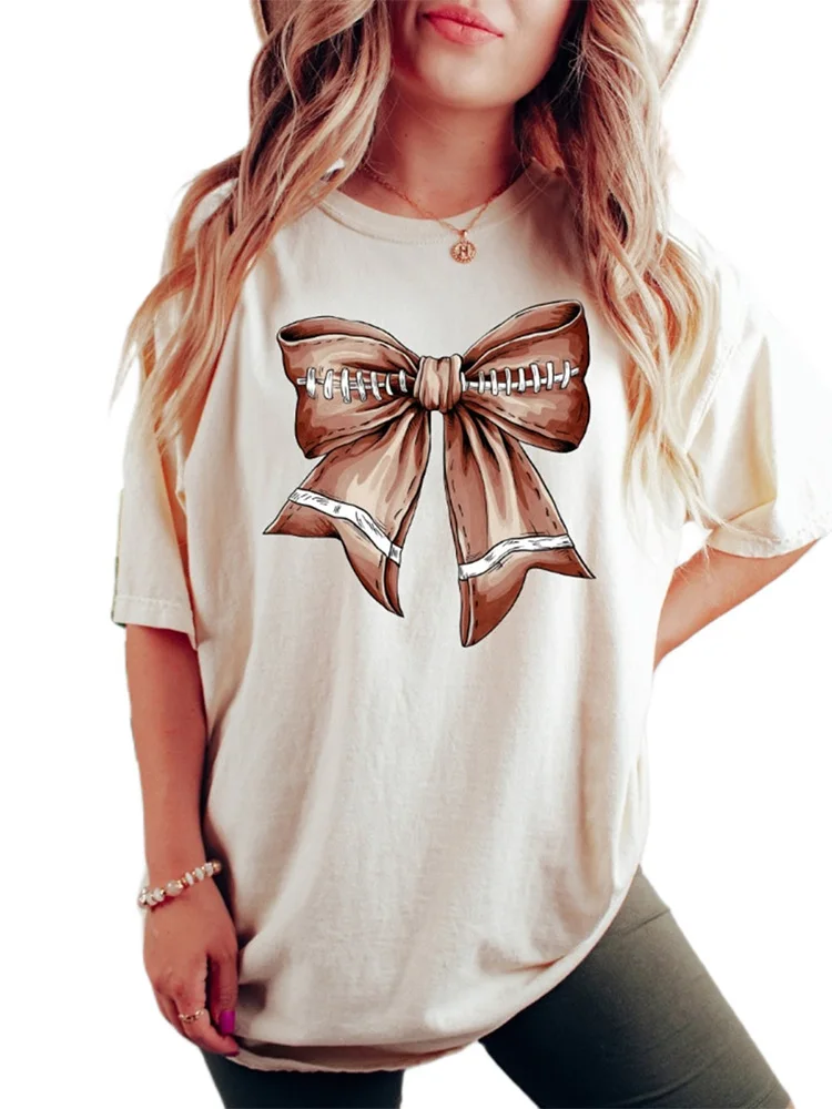 

Women's T-shirt Bow Print Round Neck Short Sleeve T-Shirt Fashionable Retro Style Loose Casual Top Female Clothing Streetwear