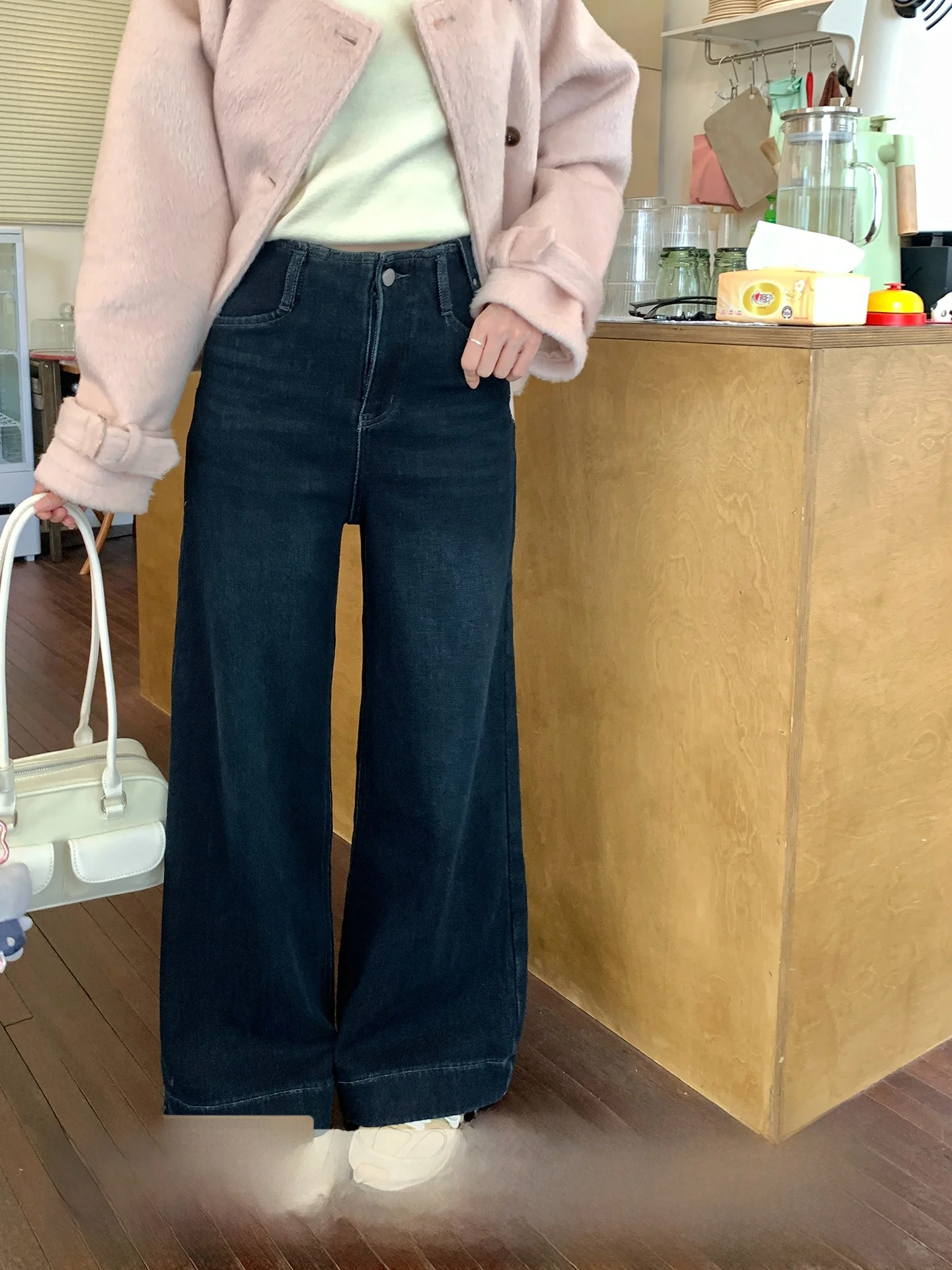 

Утягивающие широкие джинсы с высокой талией на подкладке, женские зимние свободные длинные повседневные брюки длиной до пола, повседневные брюки для поездок на работу