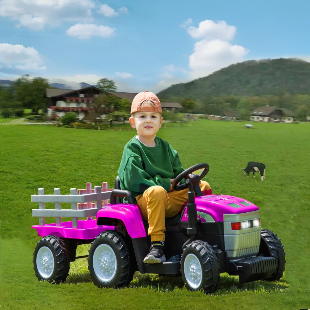 Pink, 12V7AH Battery-Powered Toy Tractor with Trailer, Remote Control, Kids' Electric Excavator Vehicles Treaded Tires