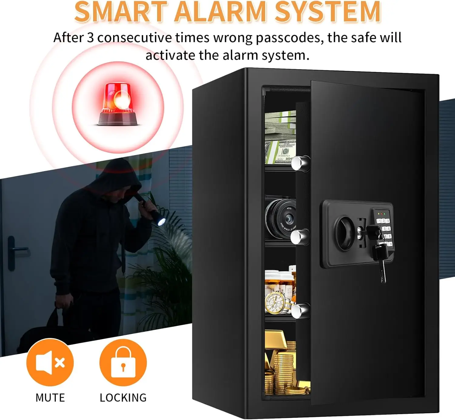 5.0 Cub Large Home Safes Fireproof Wterproof, Anti-theft Fireproof Safe with Programmable Keypad, Spare Keys and Alarm Systerm,