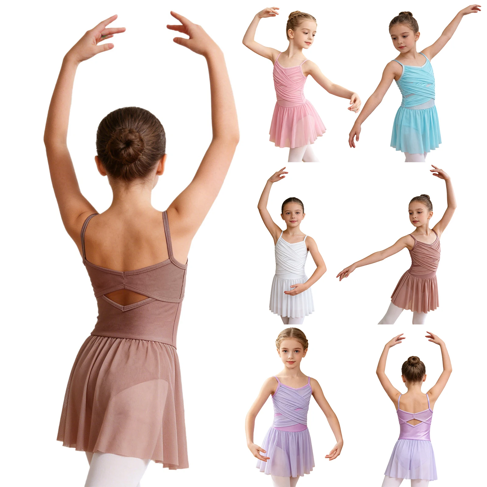 Kids Girls Ballet Dance Dress Spaghetti Straps Sleeveless Ruched Mesh Tutu Gymnastics Leotard Ballerina Lyrical Dancing Clothes