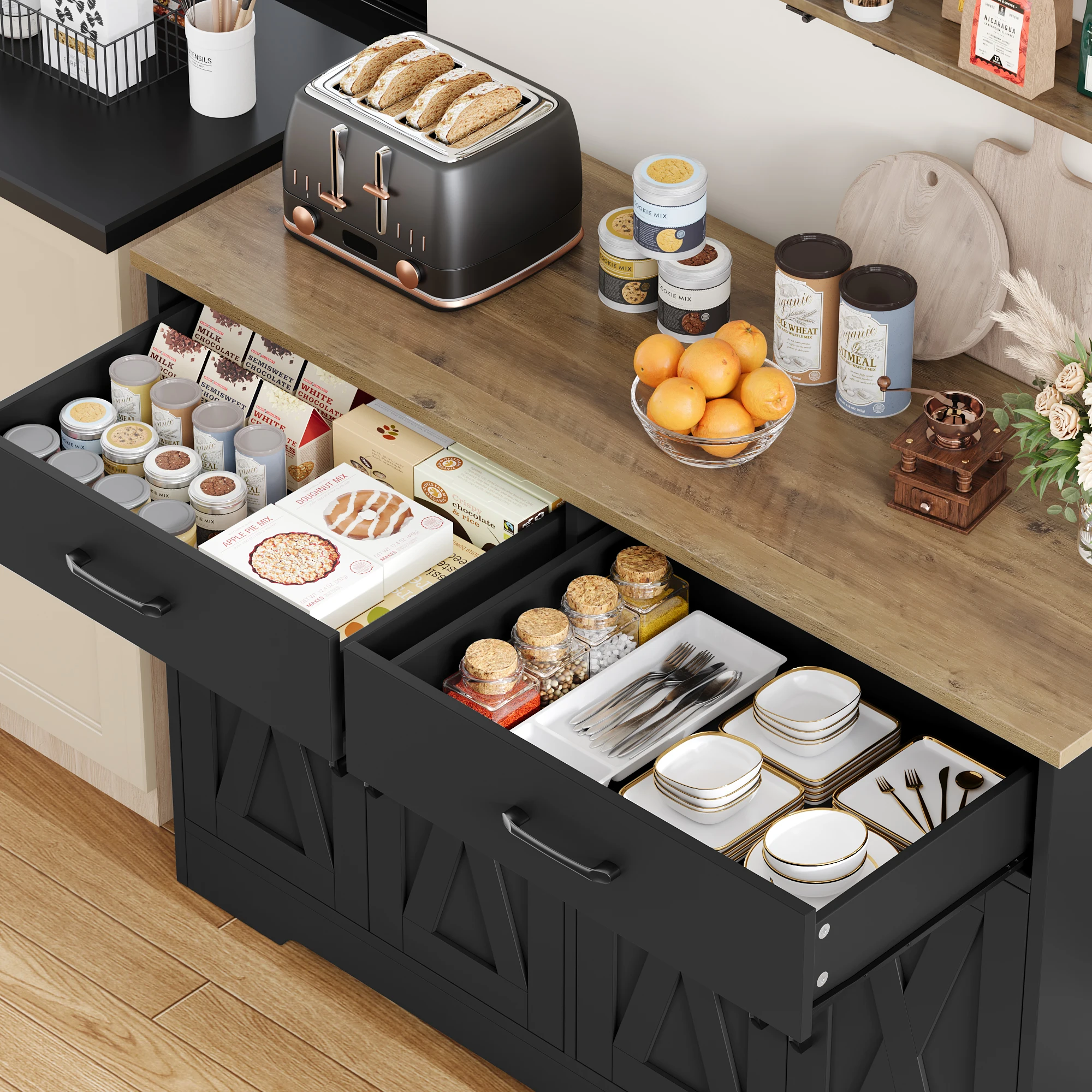 Imagen 7: Aparador, armario de cocina de 120 cm de ancho con paneles, armario de almacenamiento tipo buffet para cocina con 2 cajones y 4 puertas