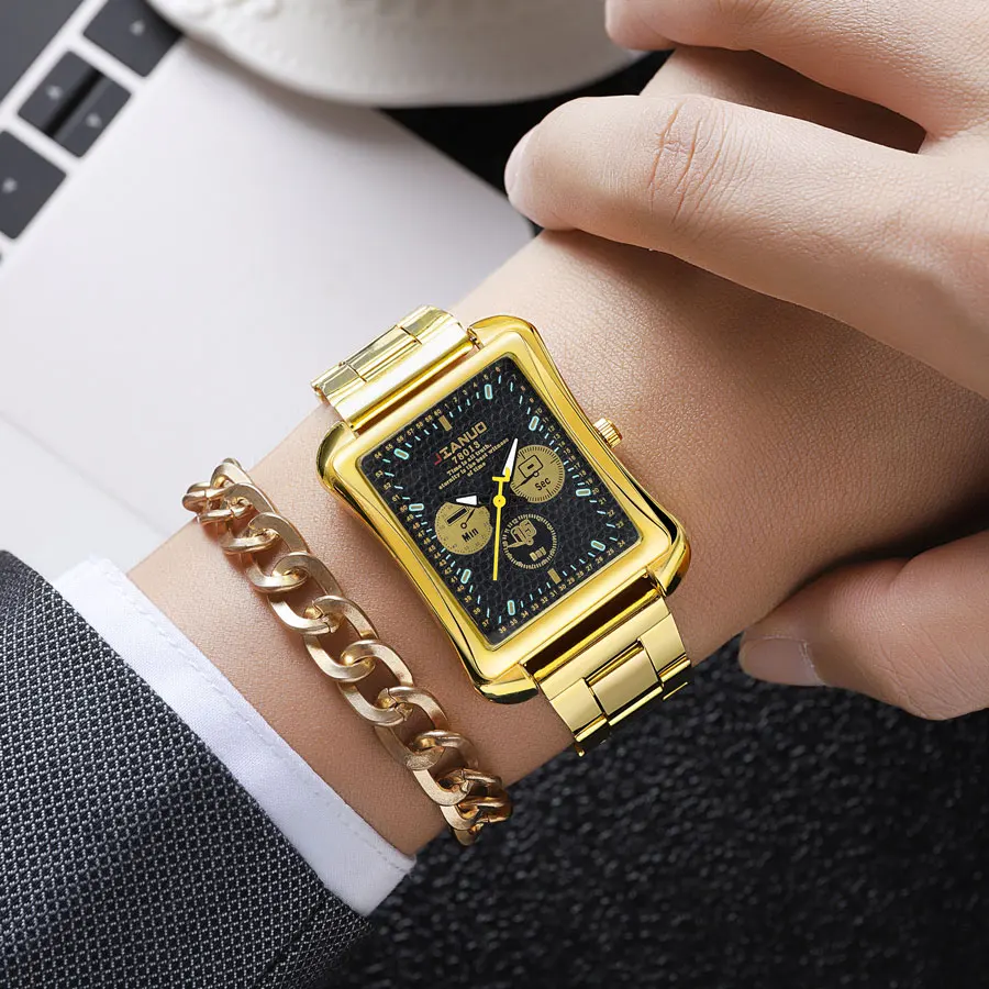

Новые мужские деловые часы простого дизайна, роскошные и модные прямоугольные кварцевые мужские часы из нержавеющей стали золотого цвета.