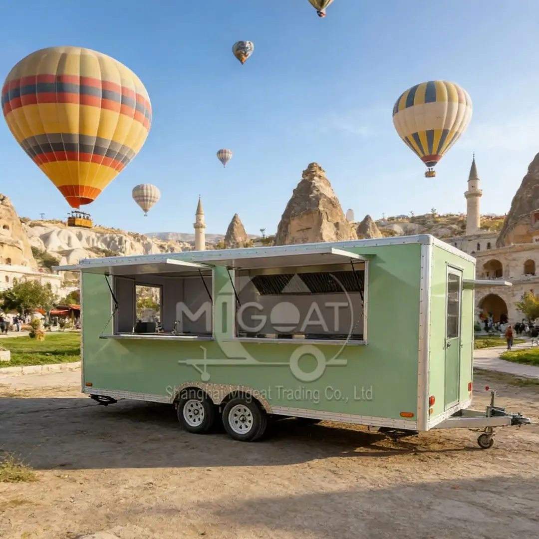 Customized Green Food Truck Mobile Kitchen Trailer with Cooking Equipment And Serving Windows for Business Use