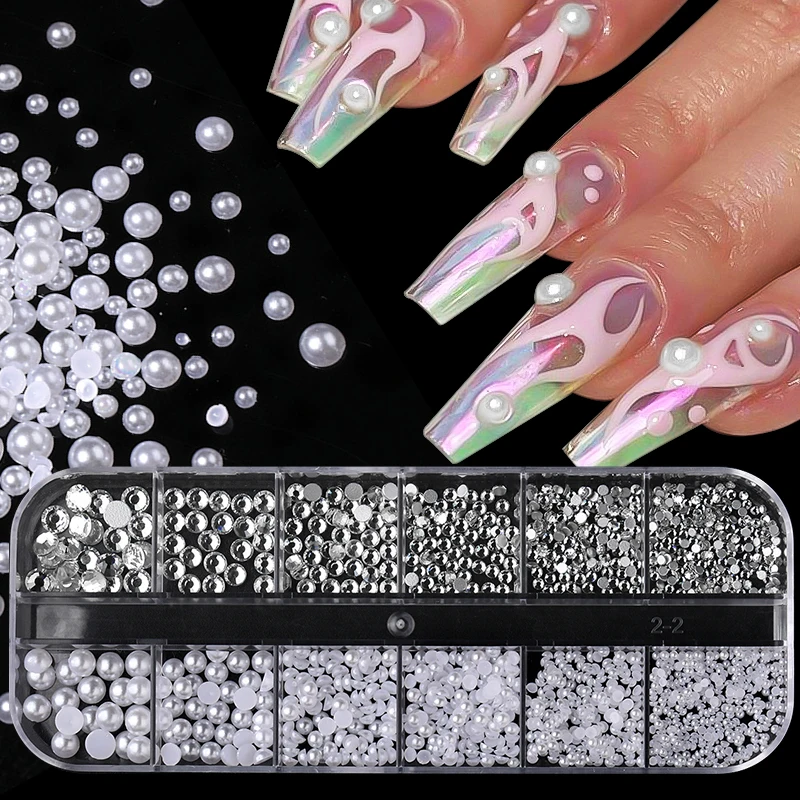 1Box White Pearls Nail Caviar Beads Mixed Nail Art Charms Decor Half Shape Design 3D Crystals Rhinestones Manicure Accessories