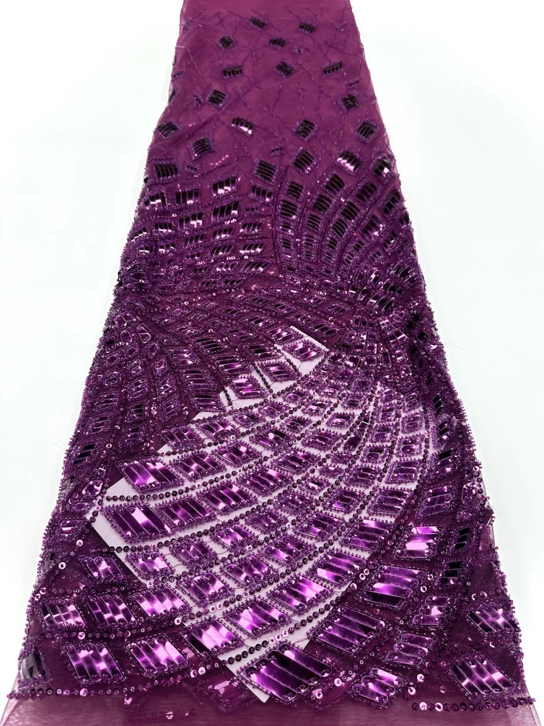 Pink Sequin Lace Fabric, Heavy Beaded Geometric Diamond Mirror Embroidered Tulle Mesh Wedding Party Gown Dress Material by