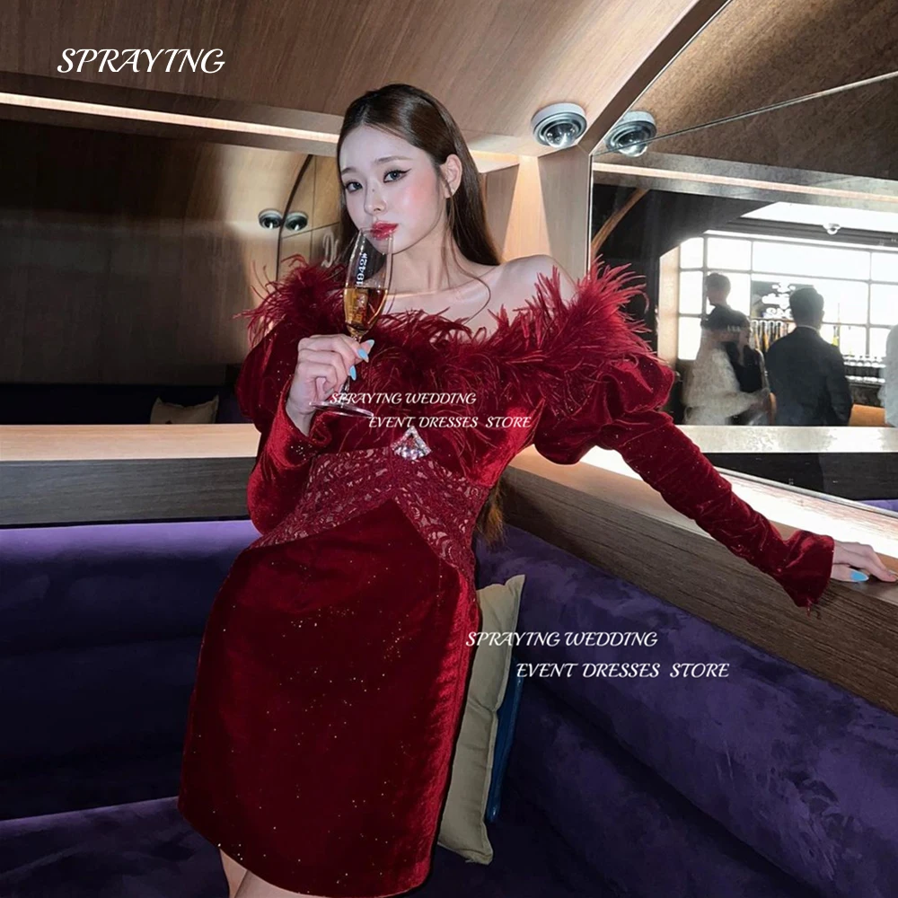 

SPRAYING Elegant Red Mermaid Birthday Party Dress Korea Photoshoot Feather Velour Long Sleeve Mini Short Evening Dresses Zia