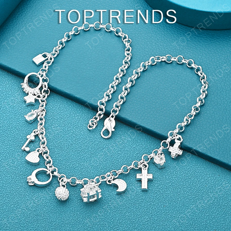 Women's 925 Sterling SilverKey  lock  Cross Star Moon And Heart Necklace Trendy Multi Element Jewelry Christmas Party Accessory