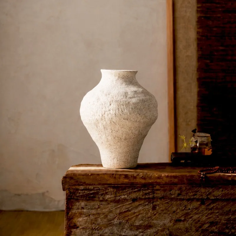 Ceramic big-bellied vase retro coarse pottery beige flower ware simple and elegant style living room decoration