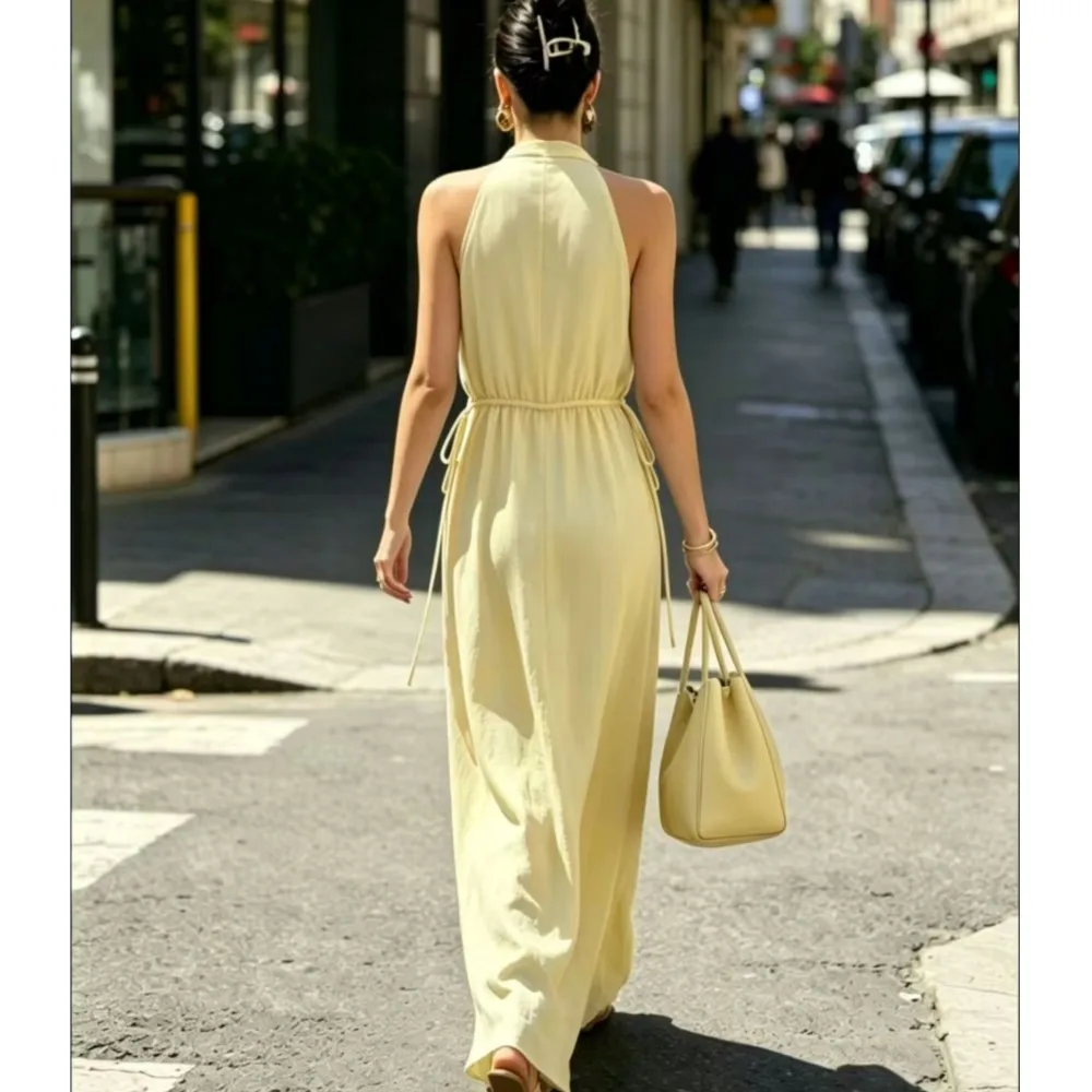 Women's Sexy Off-Shoulder Fashion Halter Neck Women's Long Dress Summer New Casual Drawstring Elegant Female Slim Resort Dresses