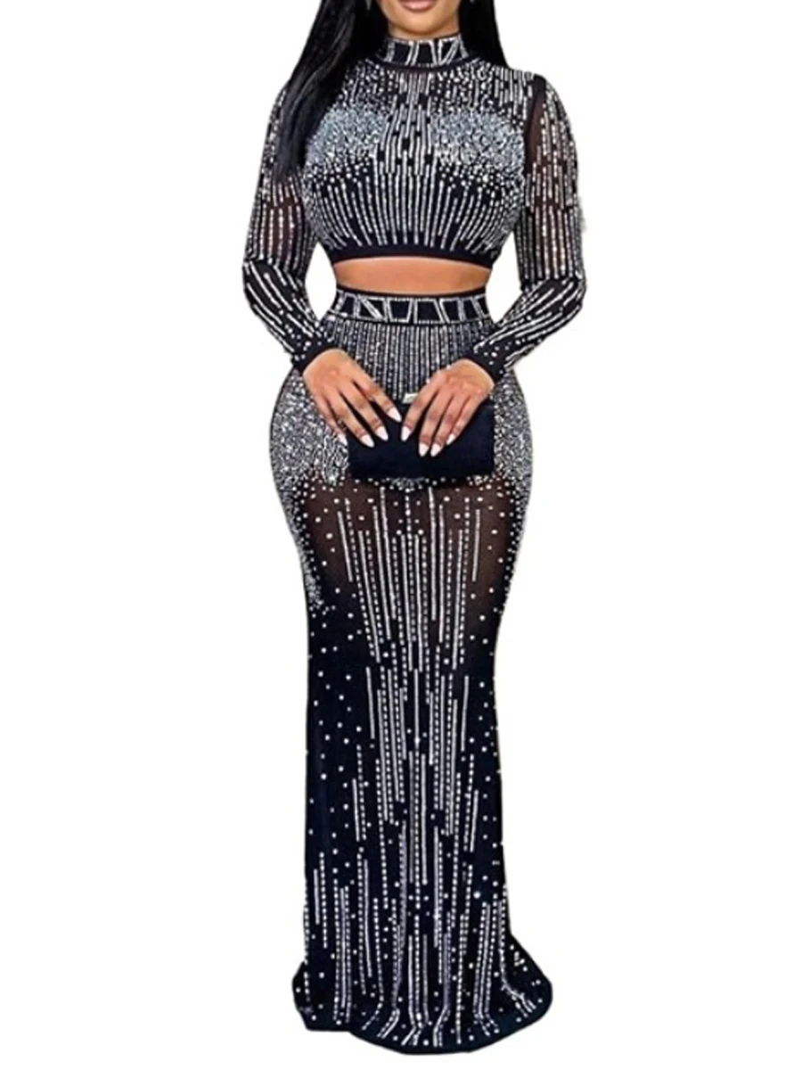 

Комплект из 2 предметов: сексуальный сетчатый топ с длинными рукавами и длинная макси-юбка с декором из страз