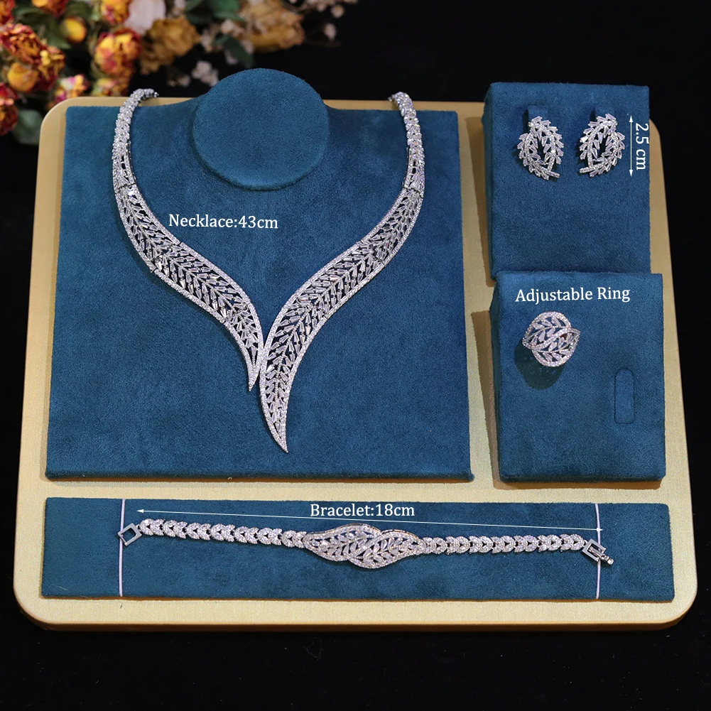 Luxury Cubic Zircon Leaf Shape Silver Color and Multicolor Bridal 4pcs Jewelry Sets Engagement Marry Wedding Accessories