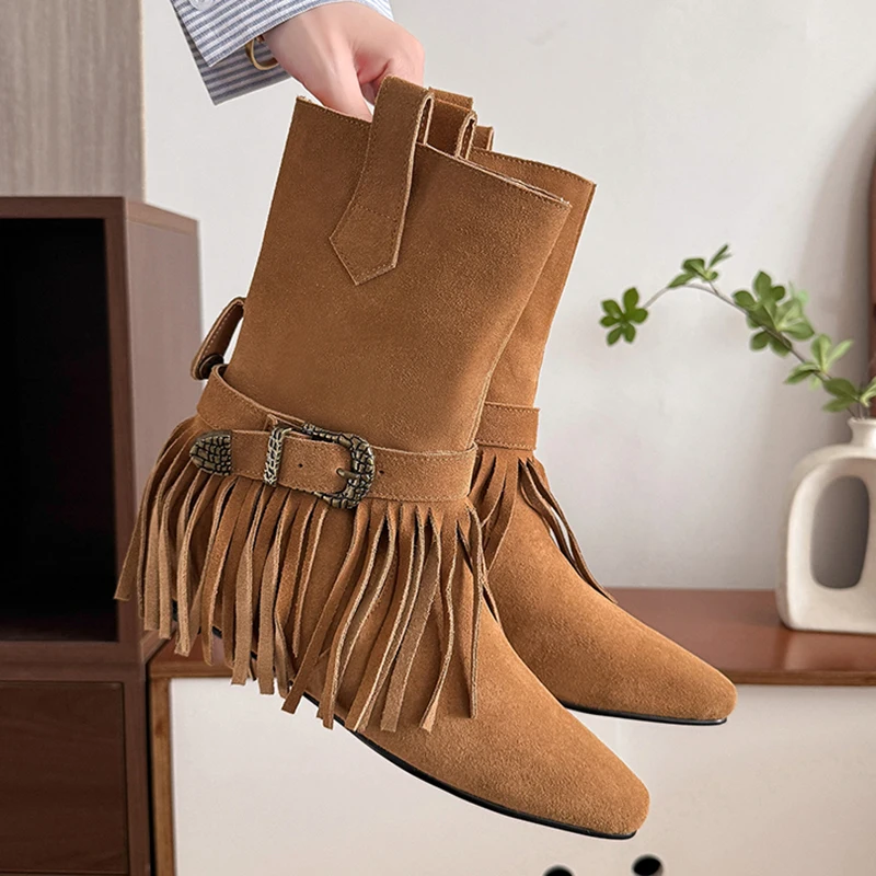 

Винтажные сапоги для верховой езды с кисточками и декором, женские ботинки без шнуровки с пряжкой на низком каблуке, женские сапоги до середины икры с острым носком в стиле вестерн, Stray Botas