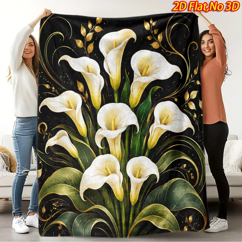 1pc 2D Flat Printing Spring & Summer New Arrival White Calla Lily with Golden Pattern Themed Digital Print Blanket, Suitable for
