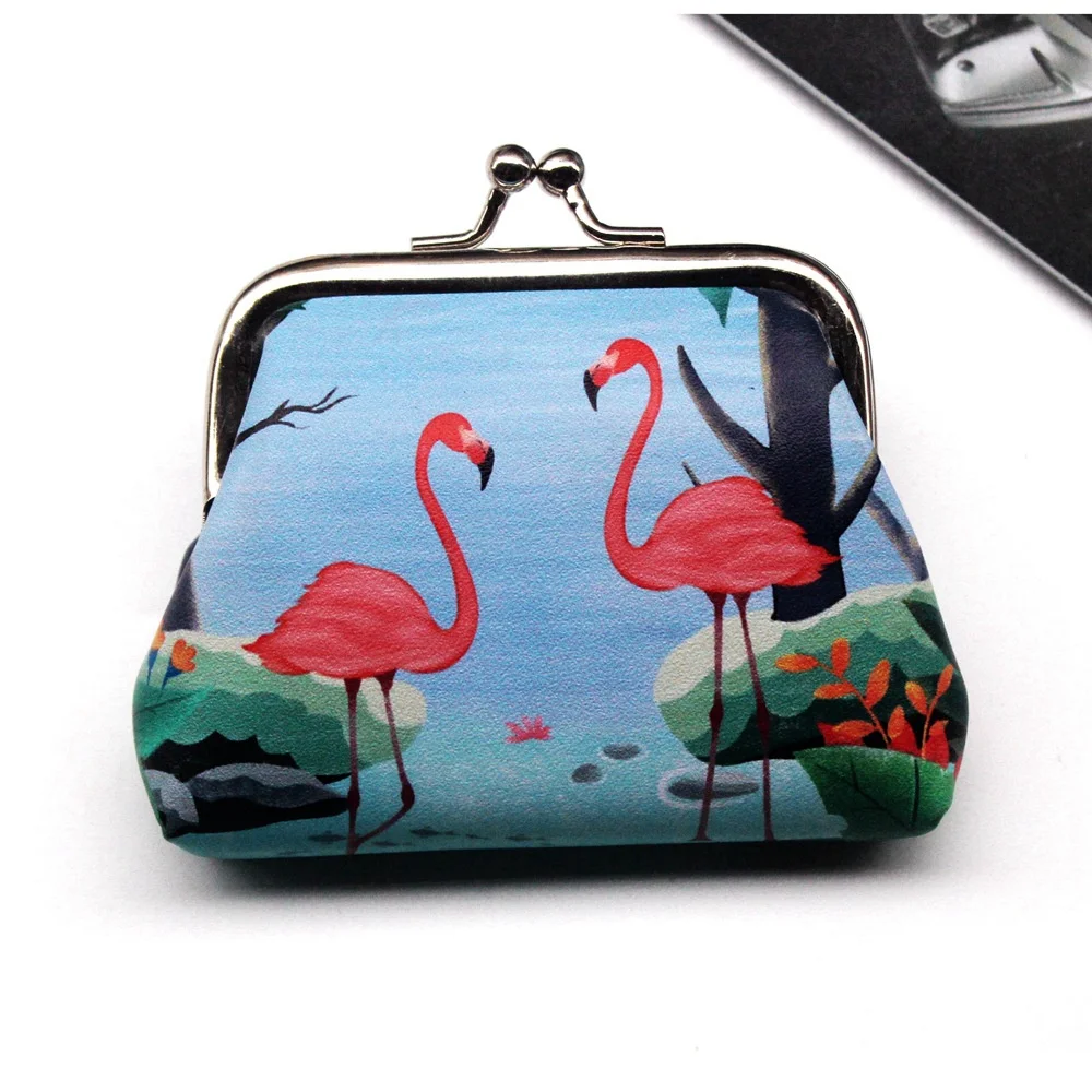 Cartoon Flamingo impresso bolsa de moedas para mulheres, Mini carteira de couro PU, Kids Clutch, bolsa de dinheiro, bolsa feminina, Hasp Change Purse