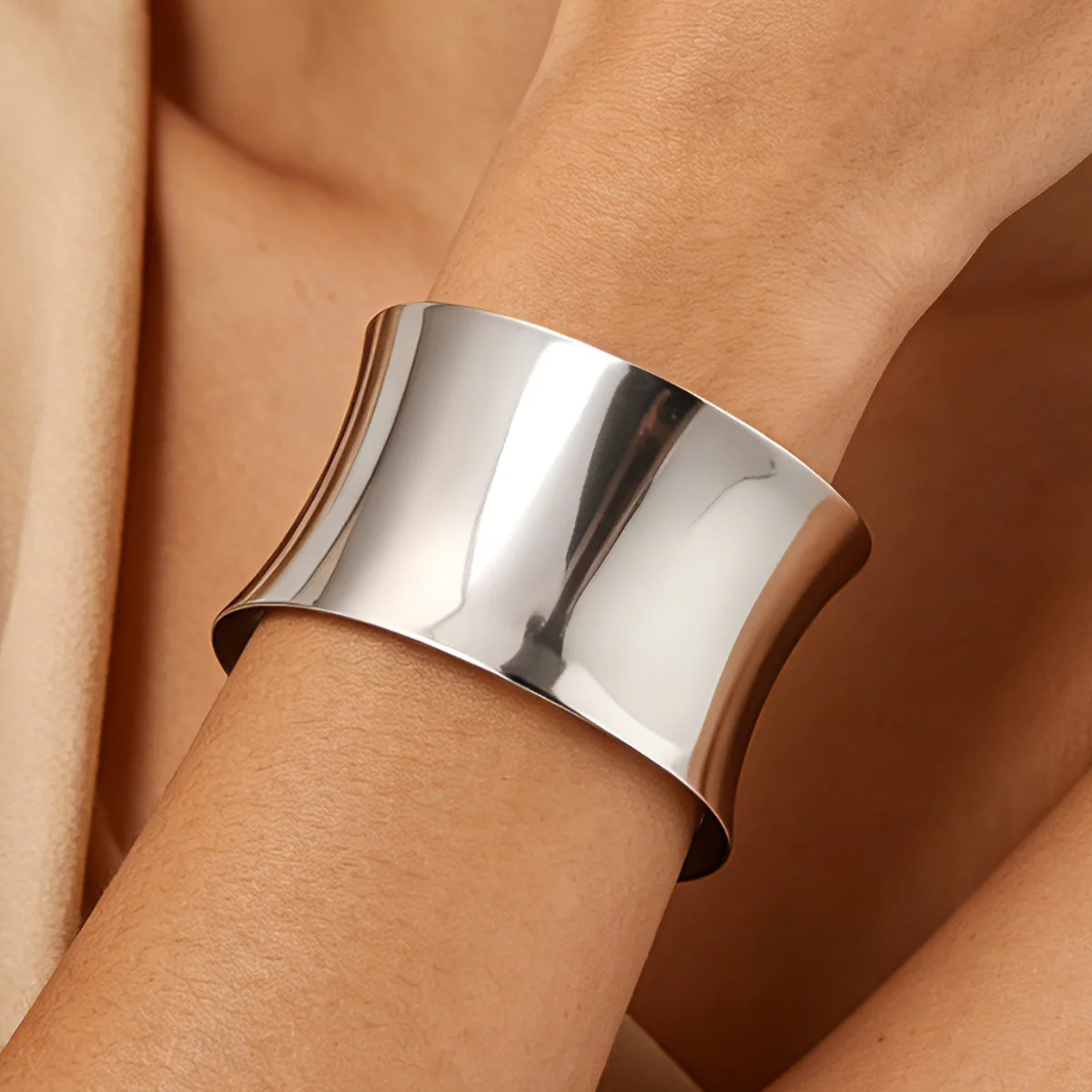 Polished Silver Color Wide Cuff Bangle Bracelet Stainless Steel Open Adjustable Fashion Jewelry for Women