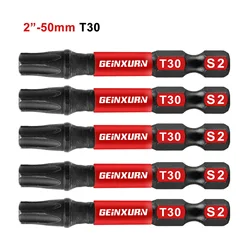 Geinxurn 2 Inches Impact Tough Magnetic Power Bit Set(T30),Torx Head Power Bits,S2 Alloy Steel Star T30 Screwdriver Bits Set