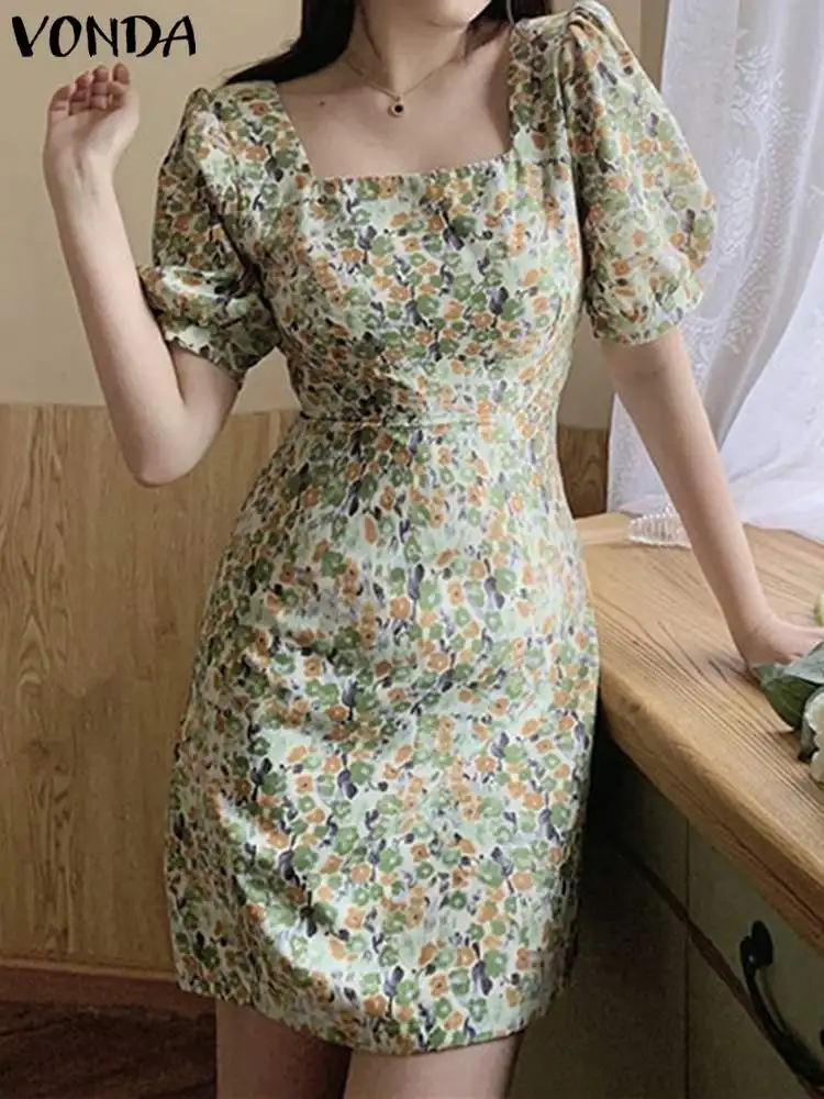 VONDA Bohemian Women Floral Printed Sexy Mini Dress 2024 Summer Square Neck Short Puff Sleeve Casual Sundress Beach Robe Femme
