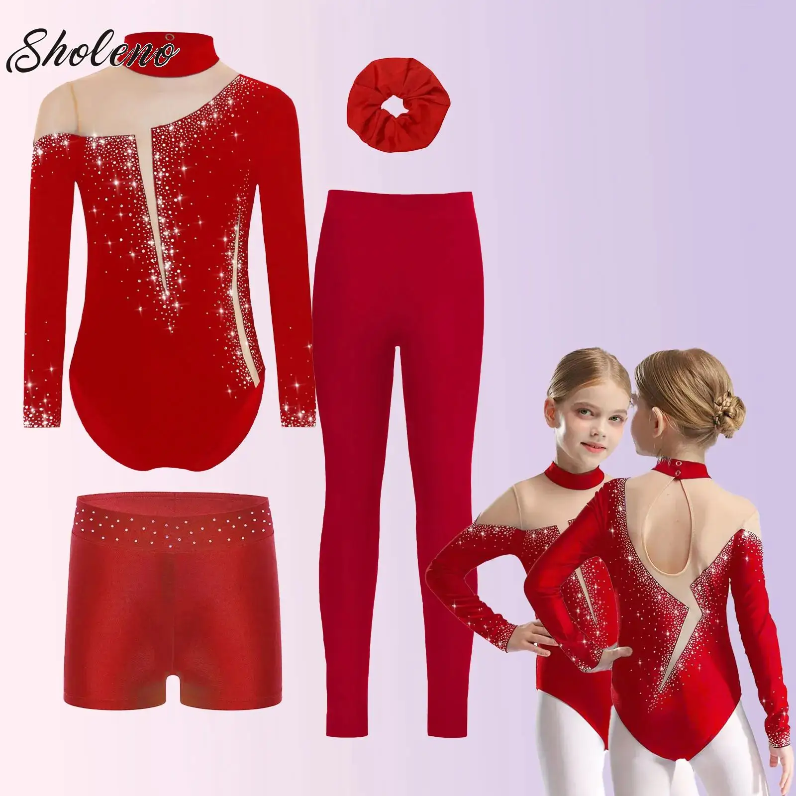 

Kids Figure Skating Outfit Girls Gymnastics Ballet Dance Jersey Rhinestones Leotard+Shorts+Leggings+Hairband Yoga Sportswear Set