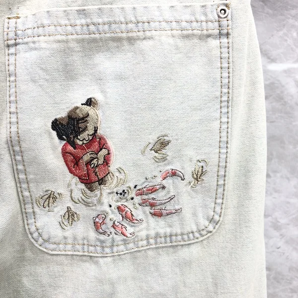 Y2k Derschutze الدينيم بركة السمك تيدي بير التطريز الجينز خمر المرأة فضفاض مستقيم واسعة الساق الجينز الشارع الرجال السراويل #5