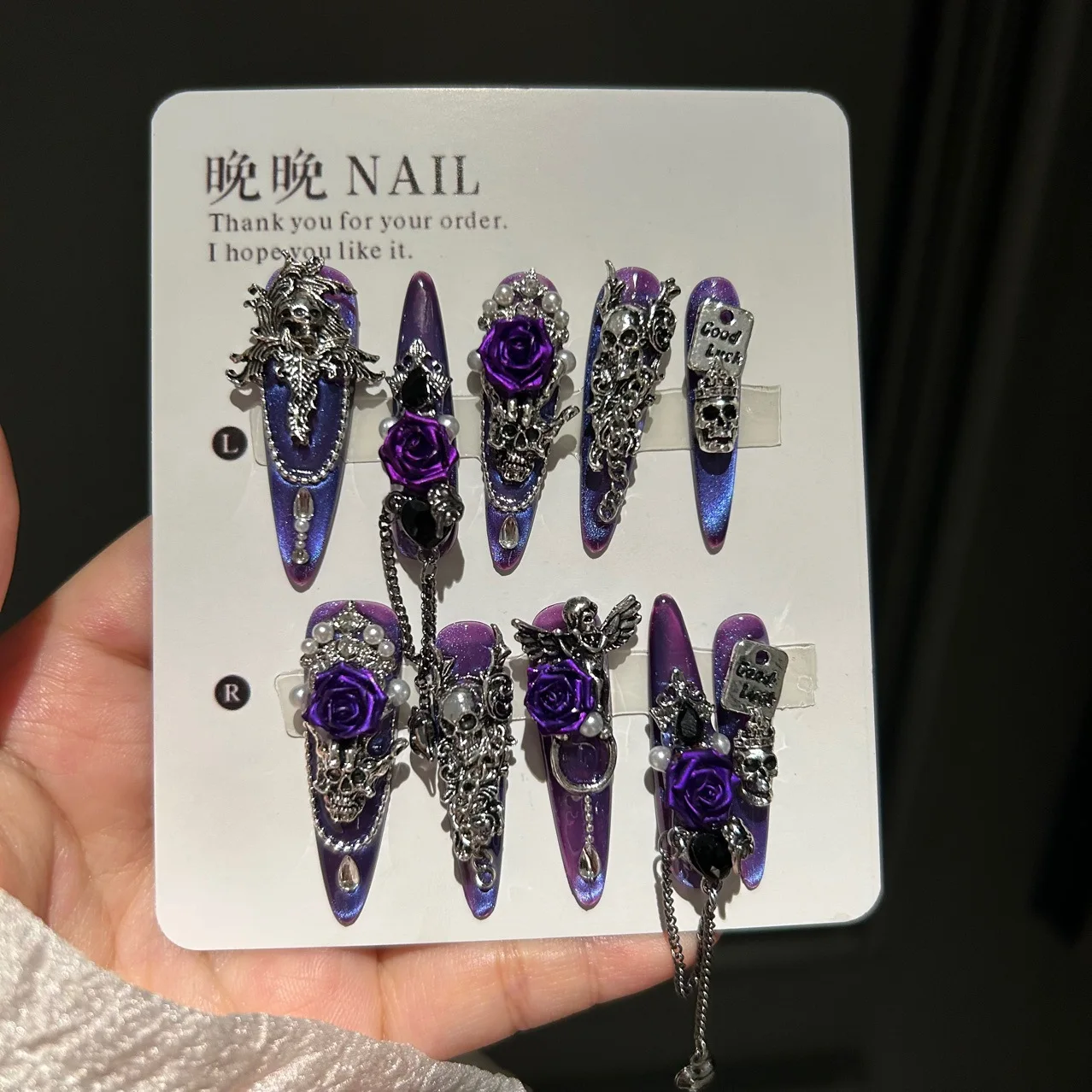 Gothic Dark Press On Nails Iridescent Purple Laser Resin Black Diamonds Multiple Sizes Left Right Hands Easy to Apply Reusable