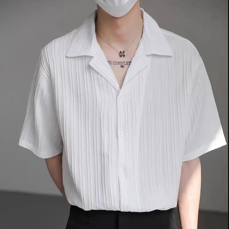 Summer New Fashion American Men's Solid Color Half Sleeve Turn-down Collar Single-breasted Striped Loose Shirts Male Coat Tops