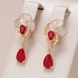 Kinel Luxury Red Natural Zircon Flower Long Dangle Earrings For Women 585 Rose Gold Color Vintage Flower Wedding Fine Jewelry