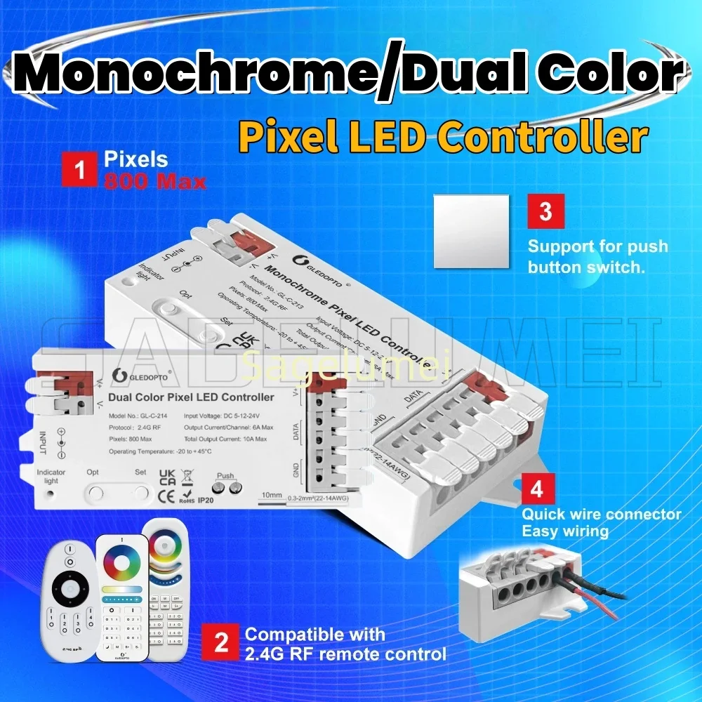 Monochrome Pixel LED Controller GL-C-213 DC5-24V RF 2.4G 6A Max Single Color PWM Dimming Smart LED Strip Tuya GL-C-214 GL-C-313