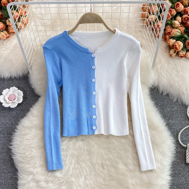 Women's Short Knitted Sweater O-Neck Long Sleeve Color Blocking Slim Tops Spring Autumn Casual All-Match Sweaters