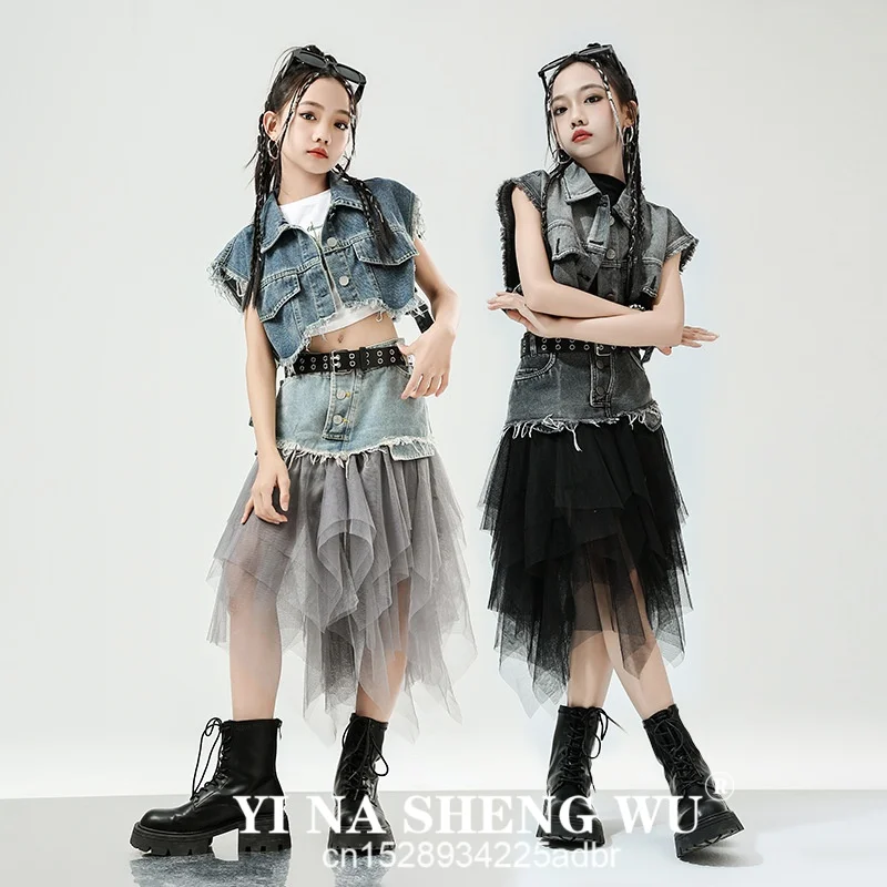 4Pcs Mädchen Hip Hop Kleidung Denim Ärmellose Jacke Weste Top Straße Patchwork Mesh Rock für Kinder Jazz Dance Kostüm Kleidung set