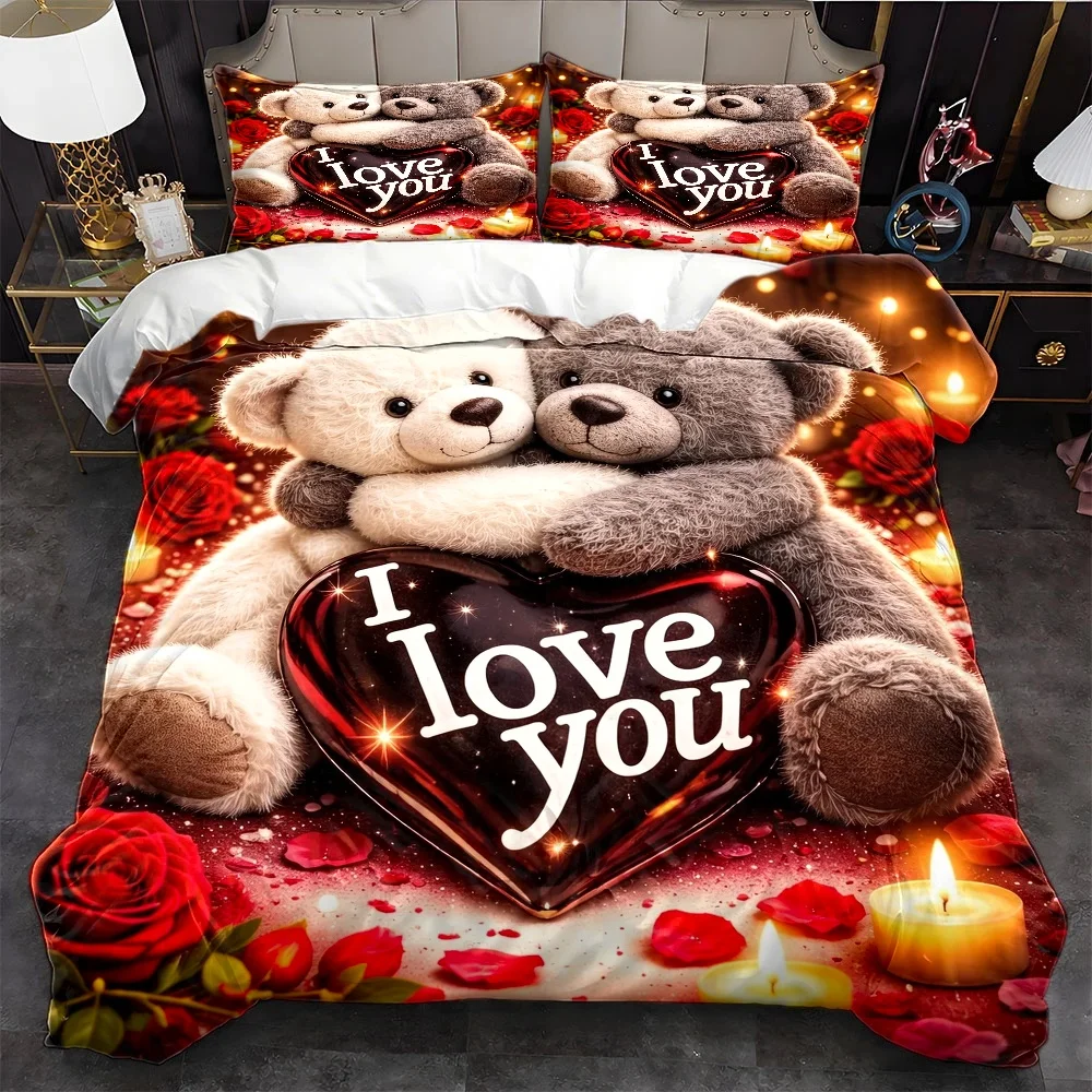 3Pc Romantic Love Bear I Love You Bedding Set, 1*Duvet Cover + 2*Pillowcases, Three-Piece Bedding Set, Suitable for All Seasons, Machine Washable, Invisible Zipper, Large Double Bed Cover Set, Suitable for Home, Dormitory, Master Bedroom, Guest Room, Rose Candle Cozy Atmosphere Bedding, Specially Designed for Skin-Friendly Soft Bedding Sets, Valentine's Day Confession Romantic Theme Duvet Cover Set 2D Flat Print