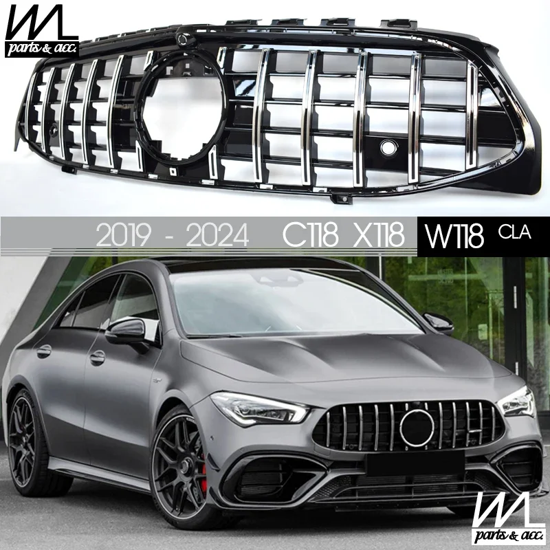 Front Bumper Grille suitable for Mercedes CLA X118 C118 W118  (2019-up) GT R Sport-Panamericana Grill ABS Black Silver Grilles