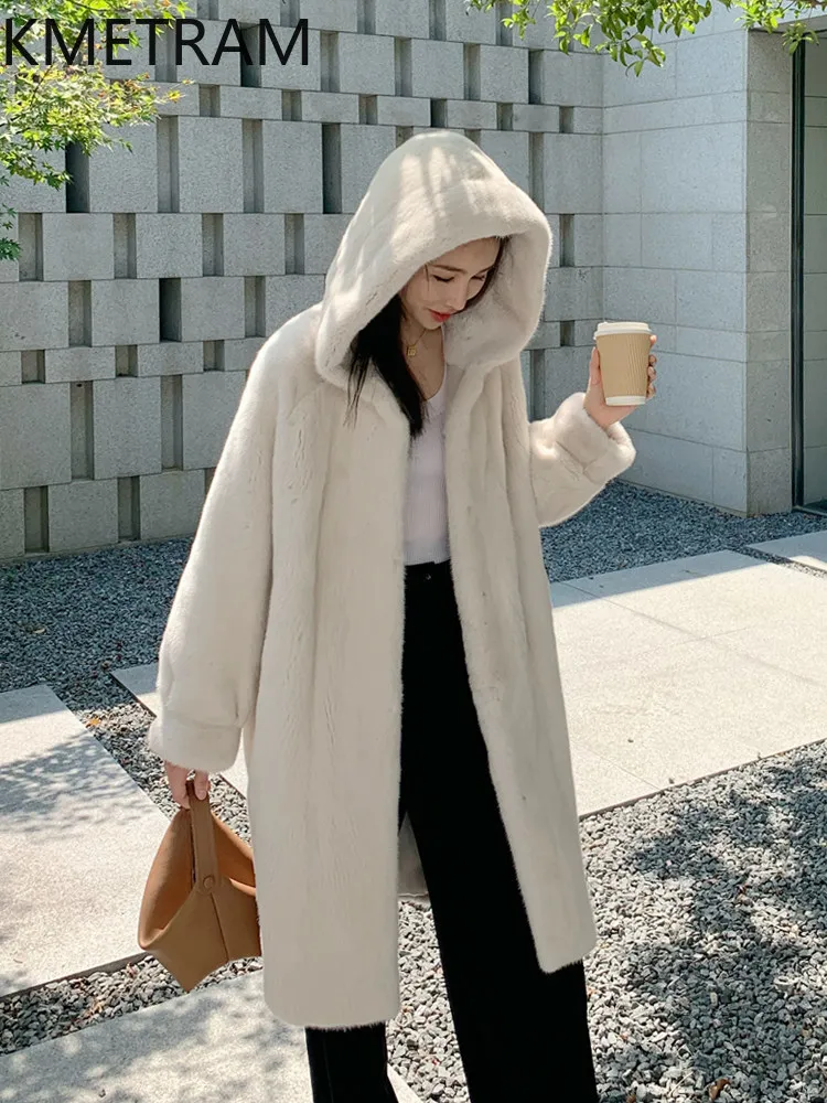 KMETRAM Natural Mink Fur Jacket Women Hooded Warm Winter Long Coats High Quality Real Fur Coat Woman Clothing 90cm 2026 jaqueta