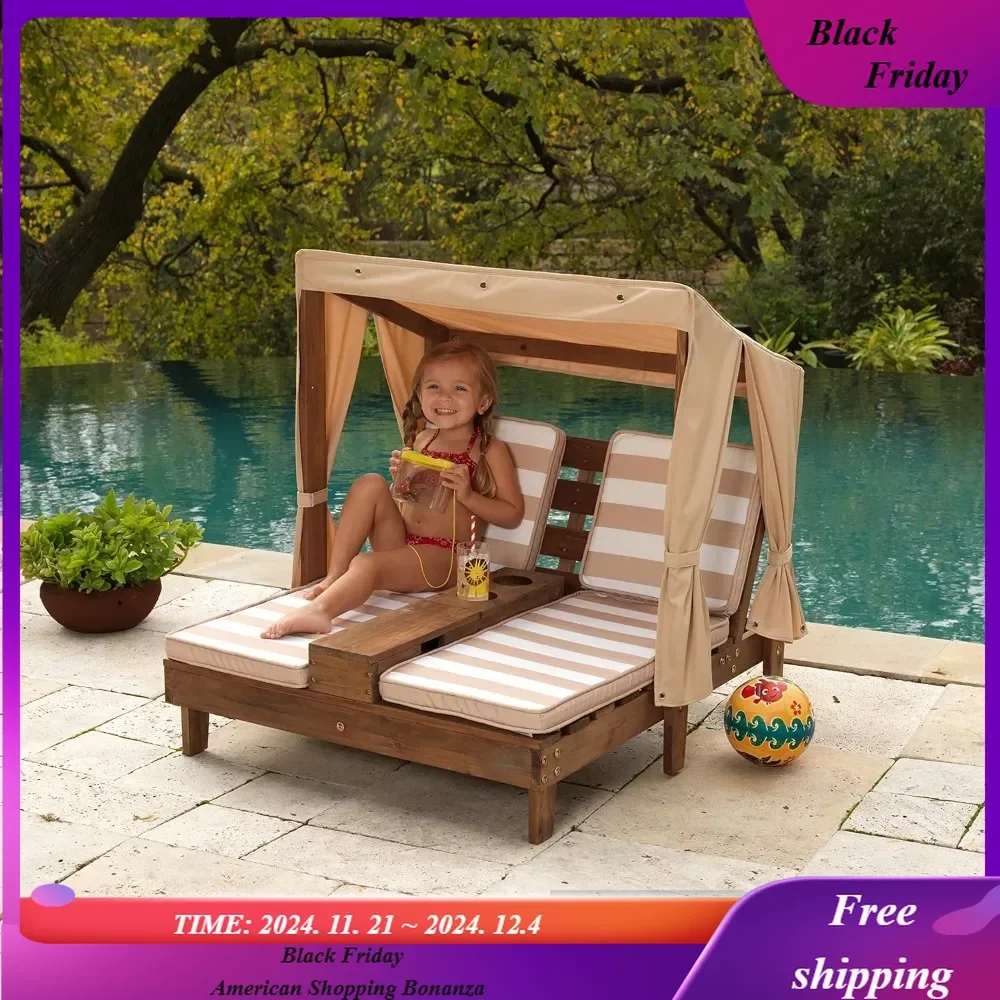 

Wooden Outdoor Double Chaise Lounge with Cup Holders, Patio Furniture for Kids or Pets, Espresso with Oatmeal and White Fabric