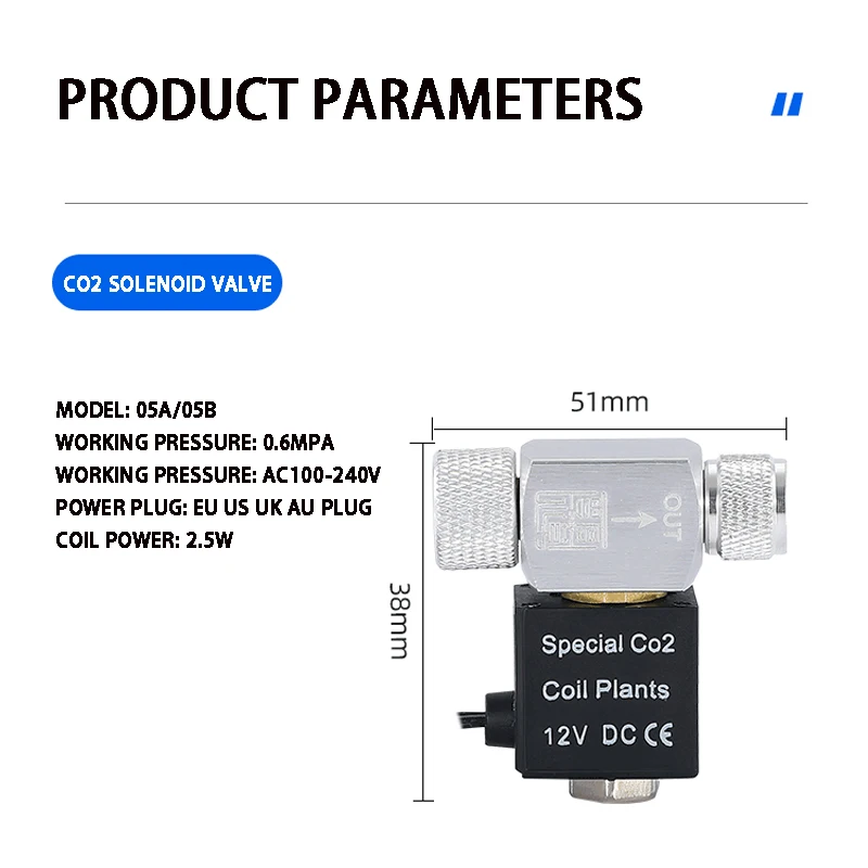 Aquarium CO2 solenoid valve, aluminum alloy waterproof solenoid valve, single and double head fish tank CO2 accessories