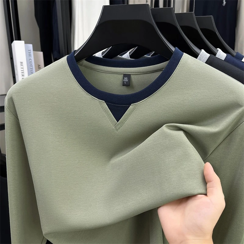 High end spliced round neck long sleeve T-shirt fashion men's autumn new comfort texture leisure light luxury sweatshirt top