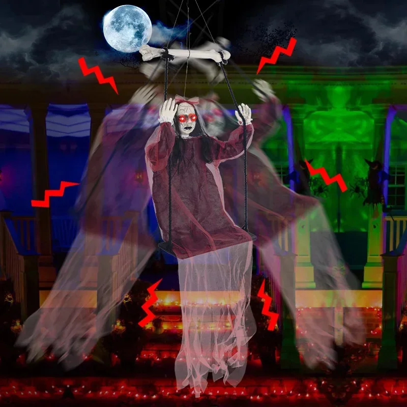 

Spooky Halloween Ghost Swing Girl Decoration With Gauze & Red Eyes For Haunted House, Creepy Prop