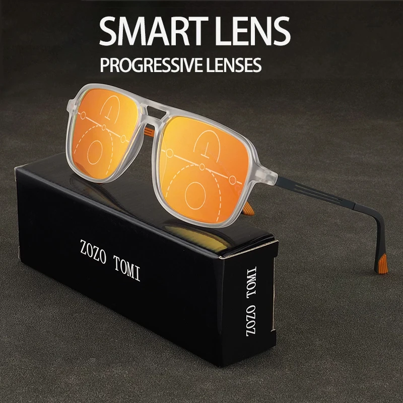 Progressive Multifokal-Lesebrille mit intelligentem Zoom, Blaulichtfilter, Legierungs-Bügeln, quadratischem Rahmen und klarer/rot getönter Oberfläche
