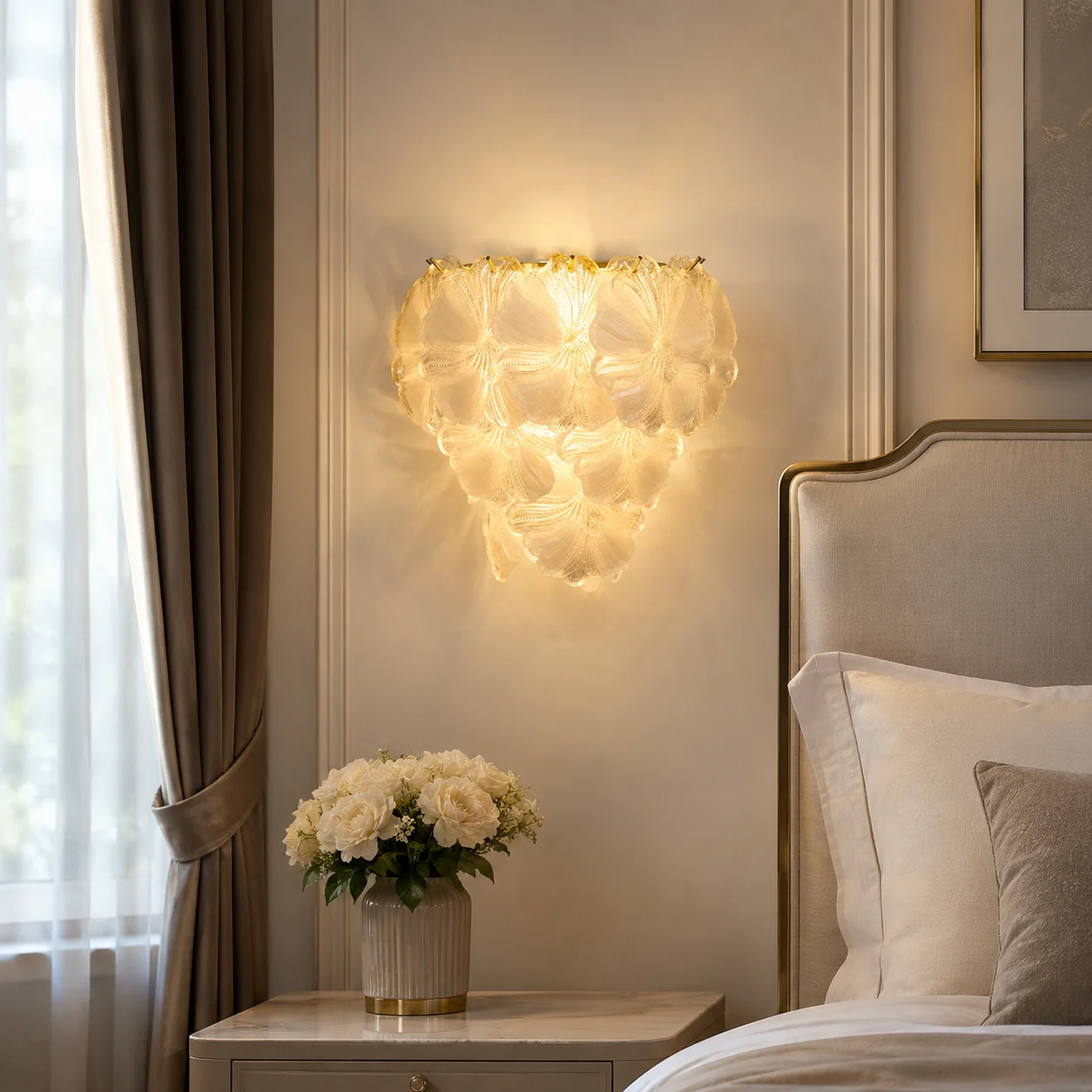 French Style Flower Glass Wall Sconce, Gold Metal, Elegant Decor Wall Light for Bedroom Living Room Hallway