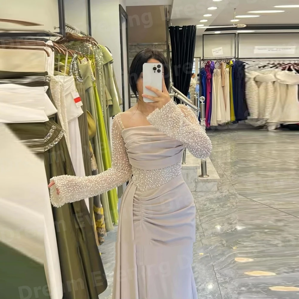 Elegante Meerjungfrau frauen Square Neck Abendkleider Angepasst Langarm Schlitz Prom Kleider Perlen Vestidos De Fiesta Elegantes