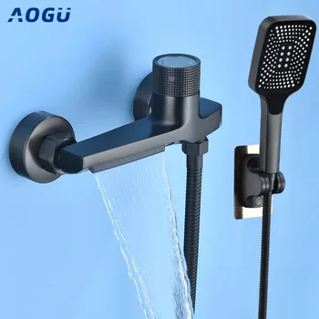 Gray Waterfall Bathtub Faucet With Hand Shower Brass Chrome Wall Mounted Bathroom Shower Mixer Tap Full Shower system Set