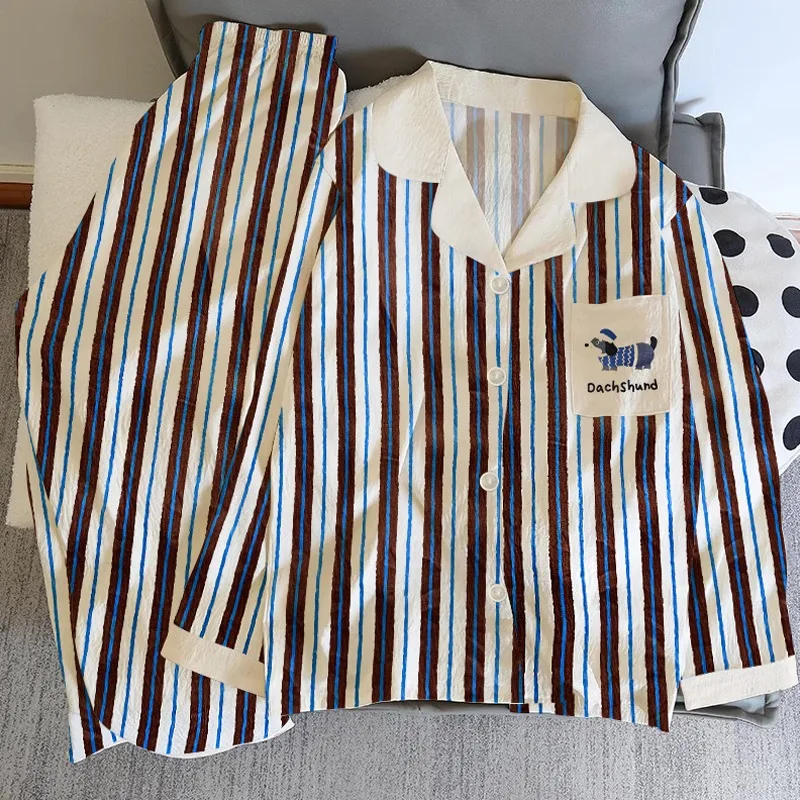 

Корейский стиль, полосатый пижамный комплект с надписью «Собака», модный осенне-зимний винтажный комплект из 2 предметов, одежда для дома, новая пижама с длинными рукавами и лацканами на шее