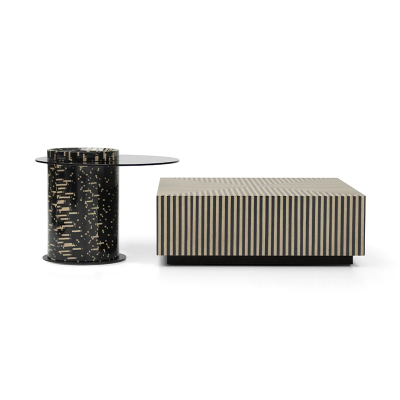 #Geometric Striped Coffee Table Set, Rectangular Block & Round Side Table with Artistic Finish
