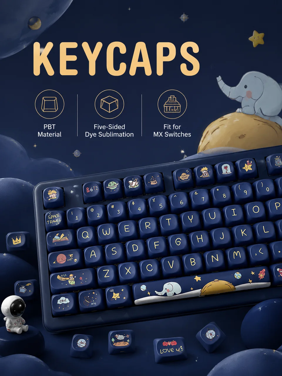 Retro MOA Keycaps,Custom Black Blue Doubleshot Dye-Sub Cute Key Cap,Compatible With MX Switches Mechanical Keyboards 60% 75% 80%