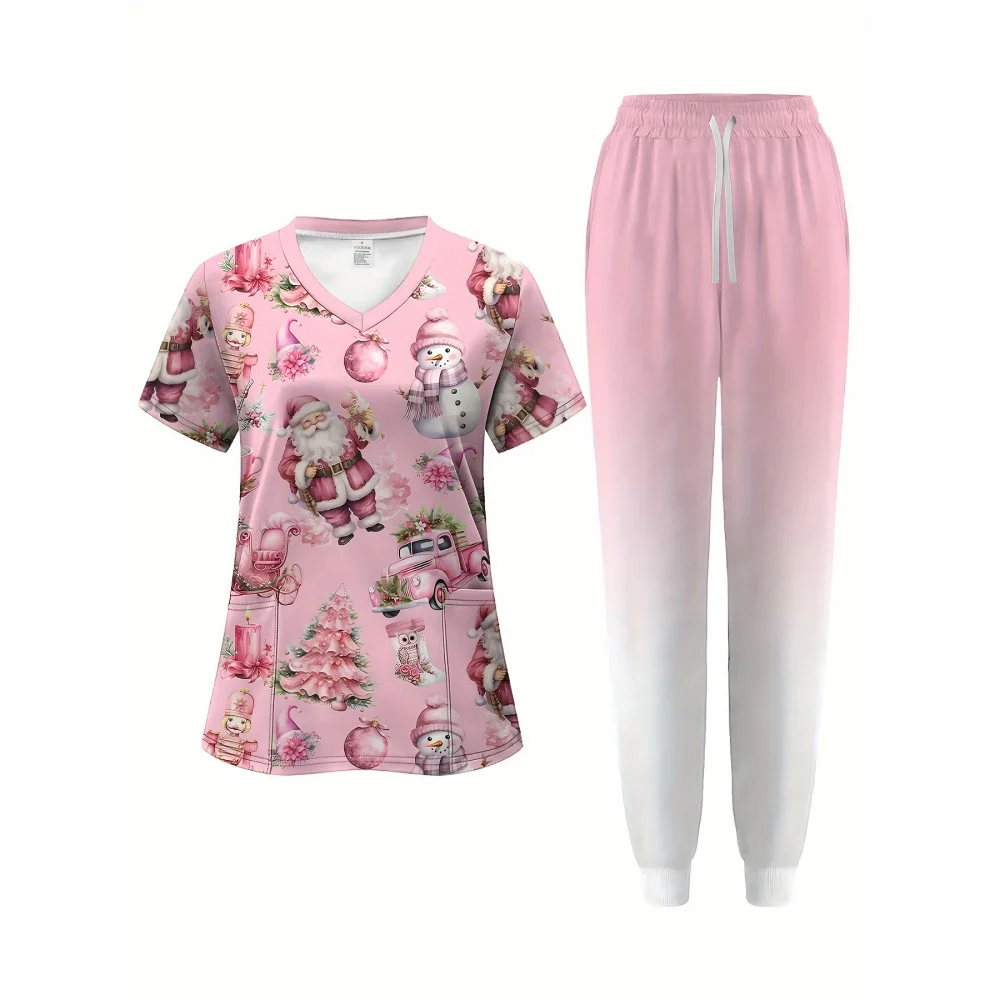 

2026 Фестивальная клиническая униформа с коротким рукавом, женский костюм, повседневный минималистичный женский хирургический костюм с рождественским мультяшным узором