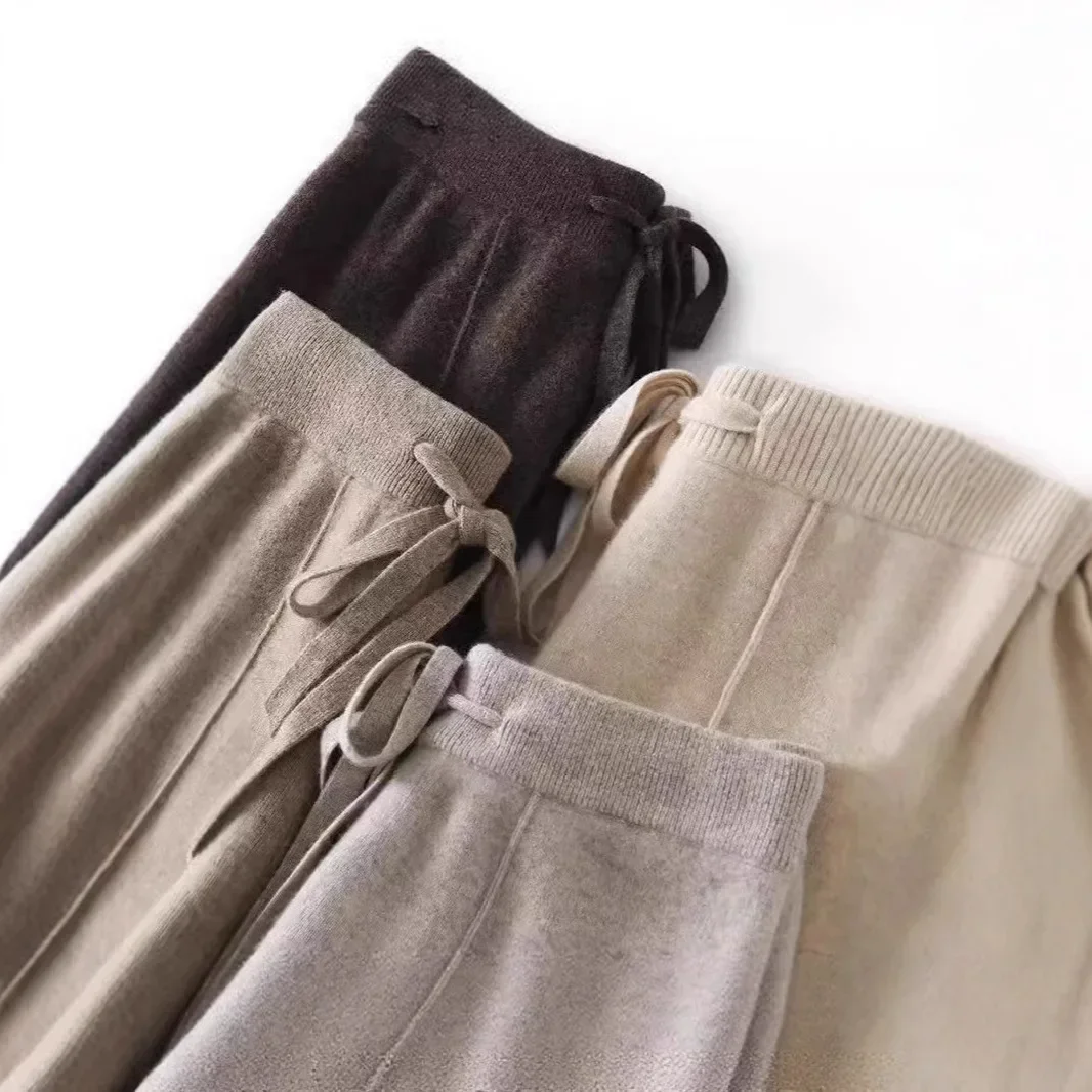 ارتفاع الخصر محبوك الصوف بنطال ذو قصة أرجل واسعة الخريف الشتاء نمط جديد ثنى الطابق طول بناطيل كاجوال الجلد ودية الدافئة #4
