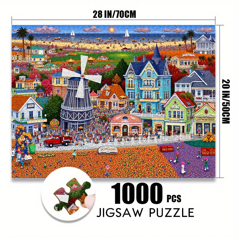 Papieren puzzel van 500/1000 stuks - Charmante windmolen en kleine stadsscène, krasbestendig, senior-vaardigheidsniveau, rechthoekig sha