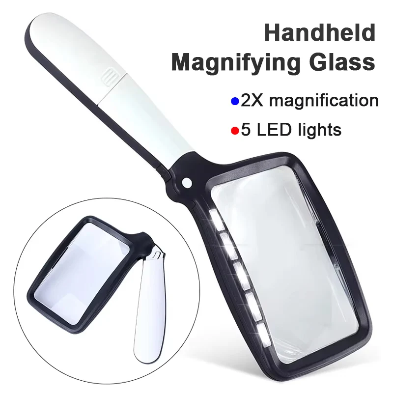 Handheld Square Folding Magnifier with 5 Led Lights, Professional High-Definition Optical Magnifying Glass for Elderly Reading