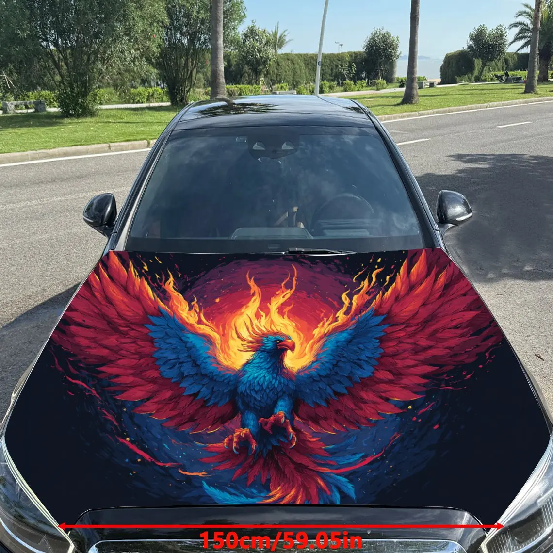 Colorful - Flaming Phoenix Spreading Wings Car Vinyl Wrap, PVC Material Waterproof Car Hood Sticker, Self-Adhesive Scratch-Resis