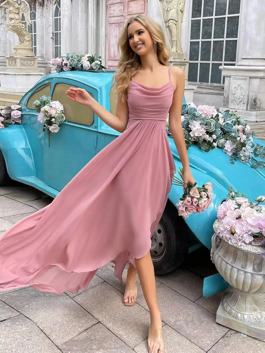 فستان وصيفة العروس شيفون نسائي طويل مع فتحة على شكل حرف A فستان سهرة رسمي، فستان رقص بحزام كتف رفيع، فستان الحفلات